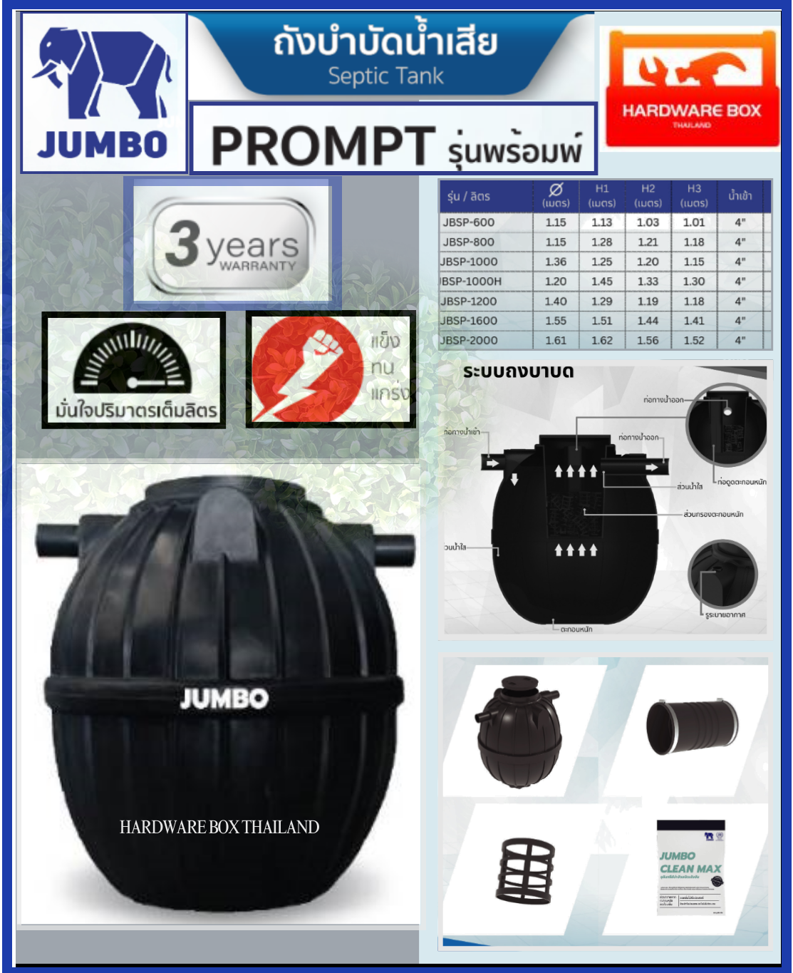 ถังบำบัดน้ำเสีย แบบเกรอะไร้อากาศ JUMBO PROMPT รุ่น JBSP